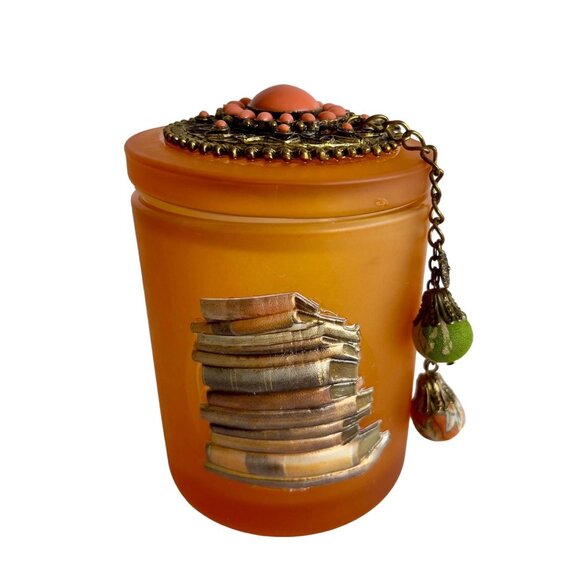 Orange Glass Jar Books Jewel Encrusted Lid Ball Tassle Vanity Jar Jeweled Orange - Picture 1 of 10
